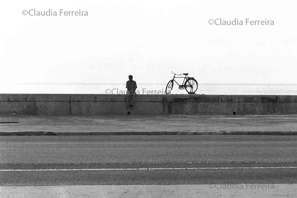 Man & Bicycle On The Malecon Sea Wall 